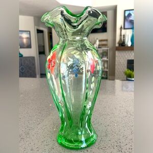Vintage hand painted green glass Vase